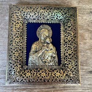 Vintage Gold Metal Madonna and Child Picture